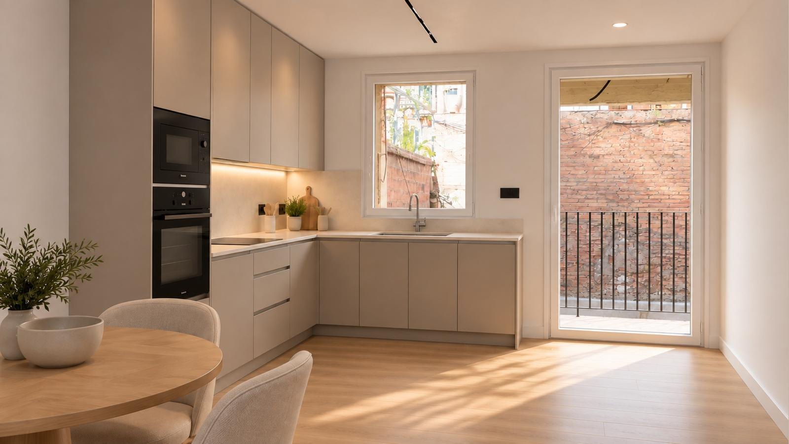 Imagen virtual de la cocina abierta del piso de Sagrada Família, con la balconera al balcón posterior