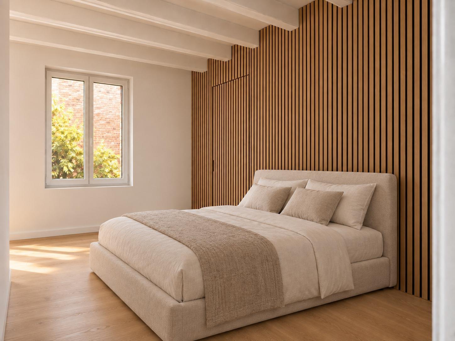 Imagen virtual del dormitorio principal con la cama de matrimonio junto a la ventana