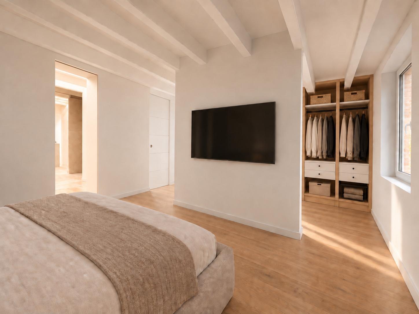 Imagen virtual del dormitorio principal abierto al vestidor