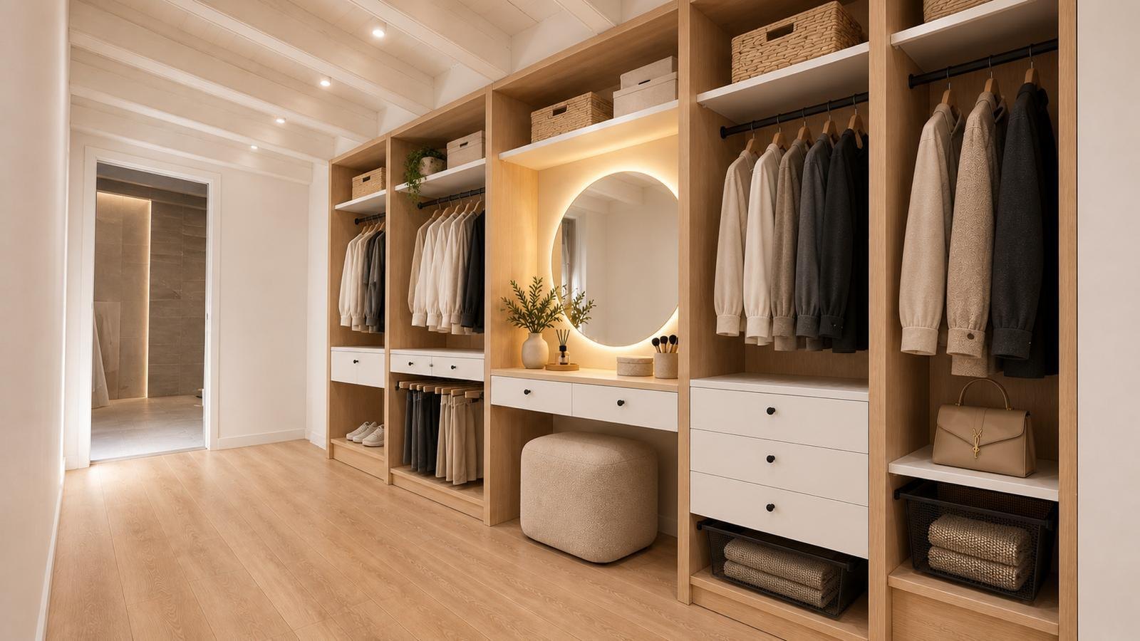 Imagen virtual del vestidor de madera con tocador y espejo iluminado