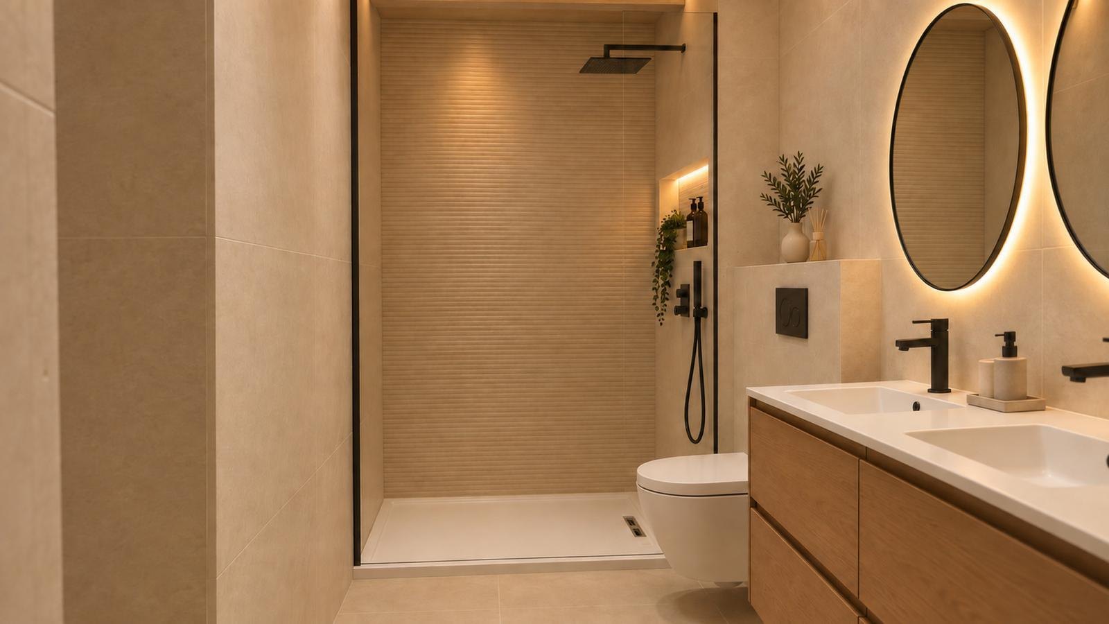 Imagen virtual del baño con doble lavabo de madera, espejos redondos y ducha de obra