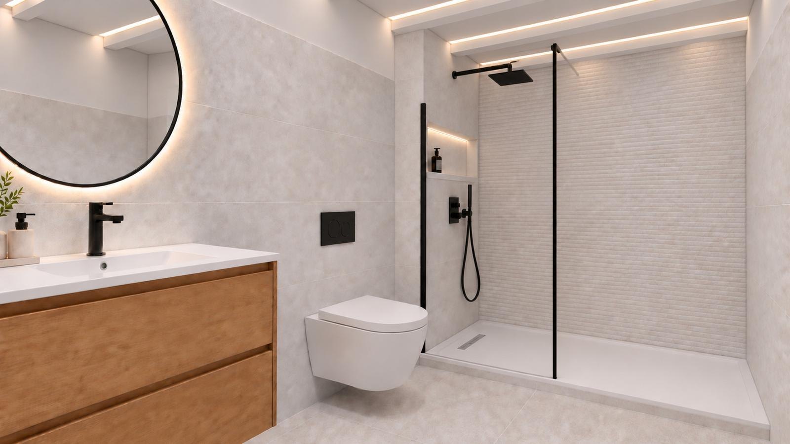Imagen virtual del segundo baño con ducha de mampara y mueble de madera